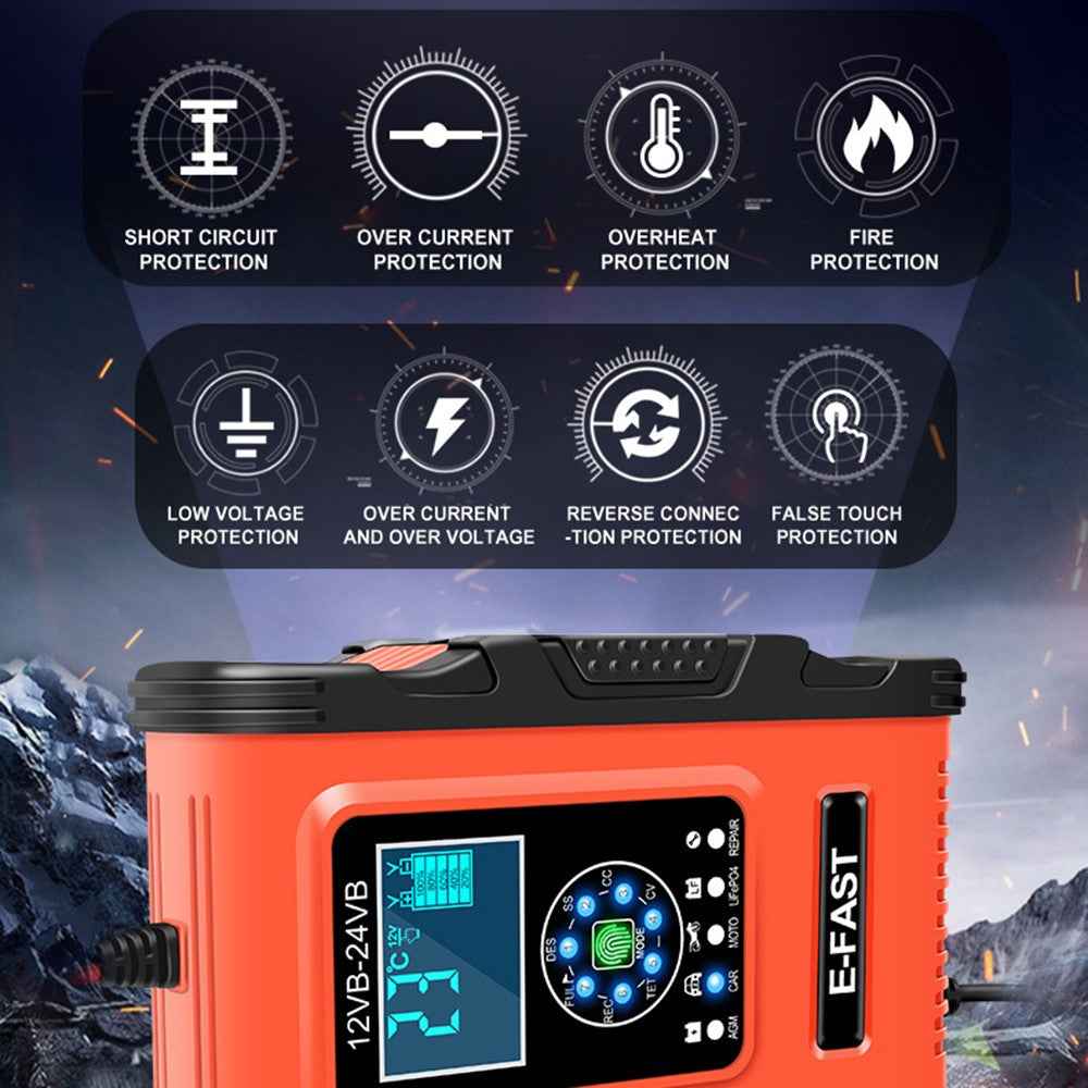 E-FAST TK500 12V / 24V 7-Stage Intelligent Battery Charger Car Truck Lead-Acid Battery Restore Charger - Orange / US Plug