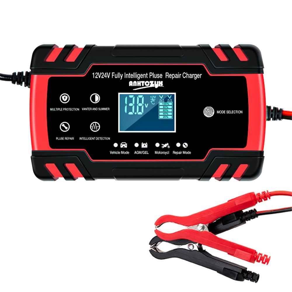 ANHTCZYX ZYX-J30 12V / 24V 3-Stage Smart Battery Charger Car Motorcycle Battery Restore Charger - Red / US Plug