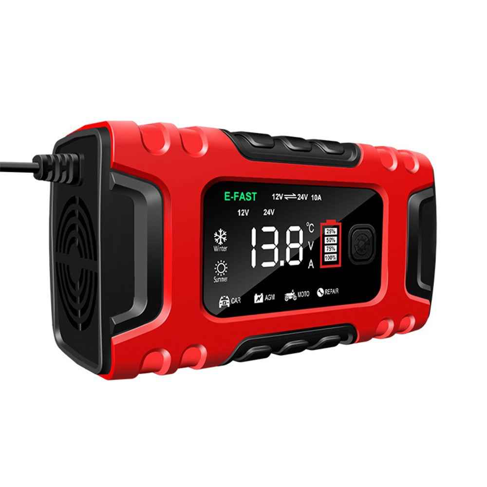 E-FAST TK-600 7-Stage Automatic Charger 12V / 24V Large Screen Car Battery Charger for Motorbikes, Trucks, etc. - Red / US Plug