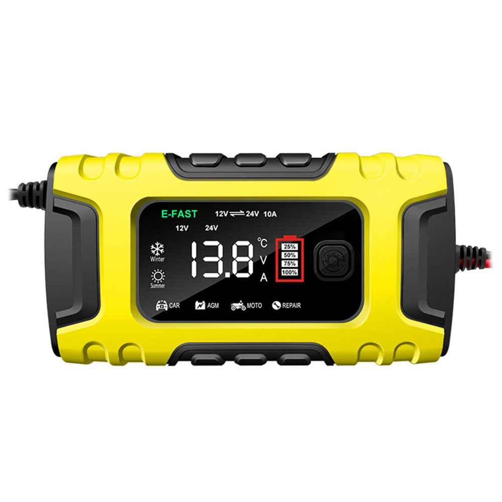E-FAST TK-600 7-Stage Automatic Charger 12V / 24V Large Screen Car Battery Charger for Motorbikes, Trucks, etc. - Yellow / US Plug
