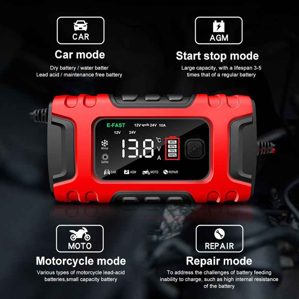 E-FAST TK-600 7-Stage Automatic Charger 12V / 24V Large Screen Car Battery Charger for Motorbikes, Trucks, etc. - Yellow / US Plug