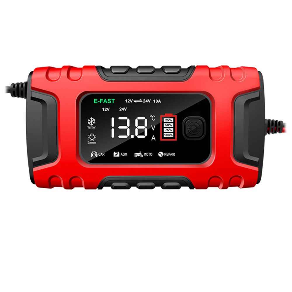 E-FAST TK-600 7-Stage Automatic Charger 12V / 24V Large Screen Car Battery Charger for Motorbikes, Trucks, etc. - Red / EU Plug