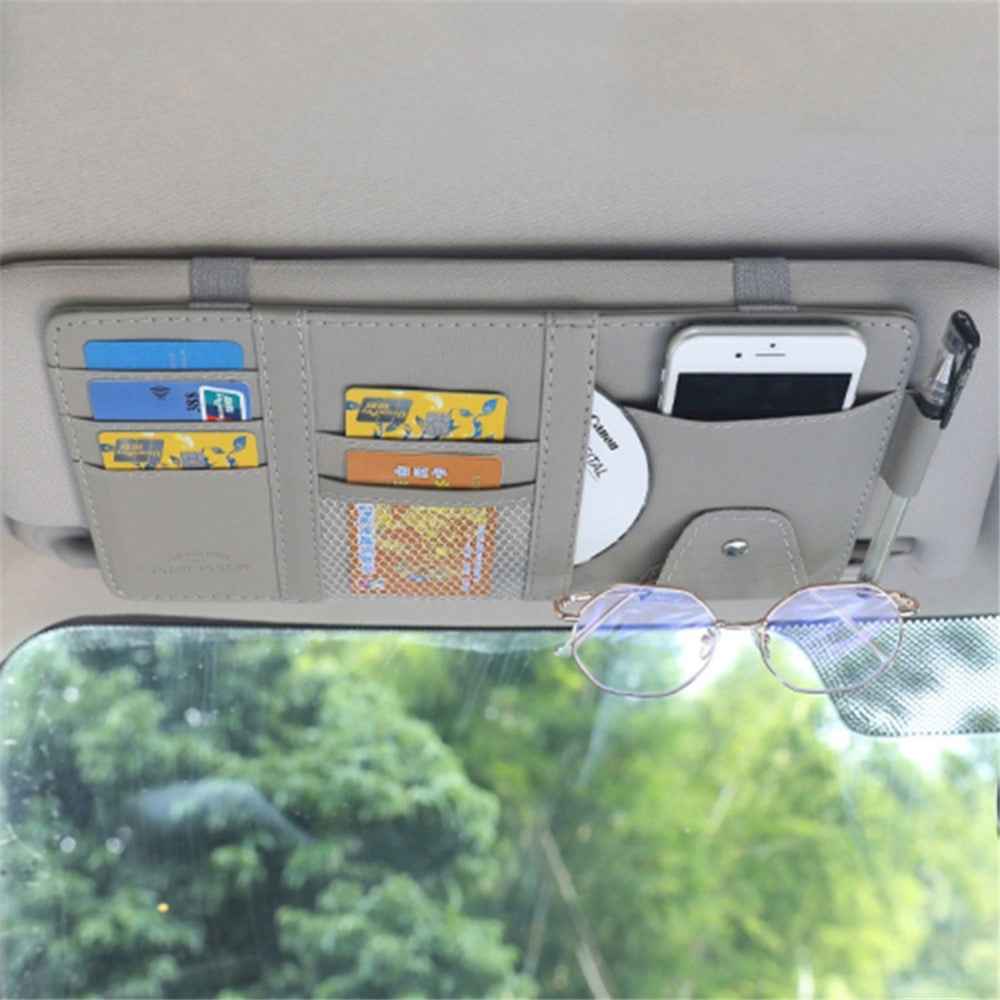 Car Sun Visor Decorative Storage Bag PU Leather Bill Glasses Cards CD Holder Storage Bag (No Zipper) - Grey