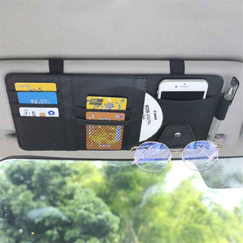 Car Sun Visor Decorative Storage Bag PU Leather Bill Glasses Cards CD Holder Storage Bag (No Zipper) - Black
