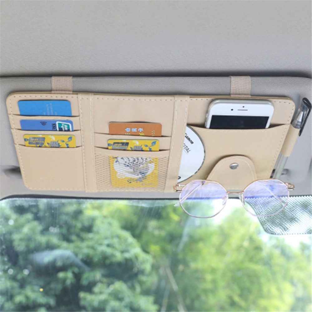 Car Sun Visor Decorative Storage Bag PU Leather Bill Glasses Cards CD Holder Storage Bag (No Zipper) - Beige