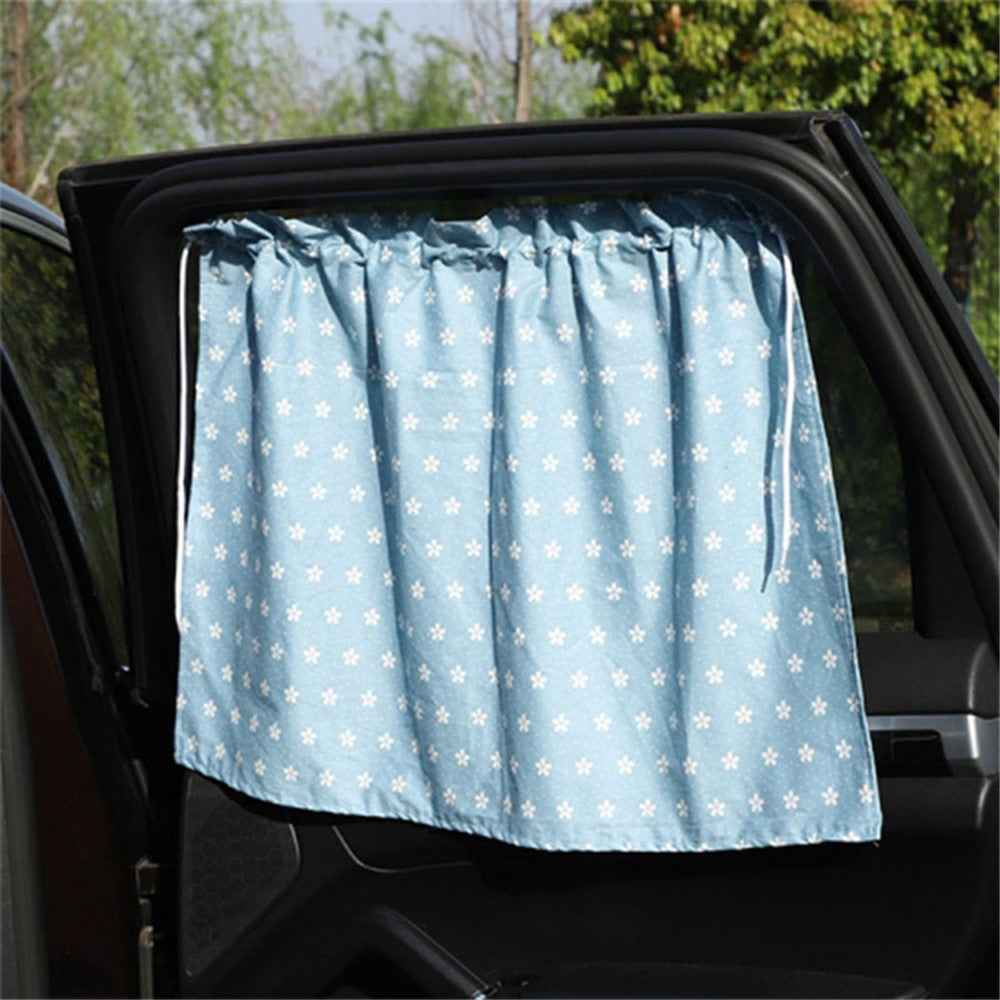 Cute Pattern Printed Car Window Anti-UV Curtain Cotton Cloth Vehicle Side Window Sun Shade Curtain - Flower / Blue