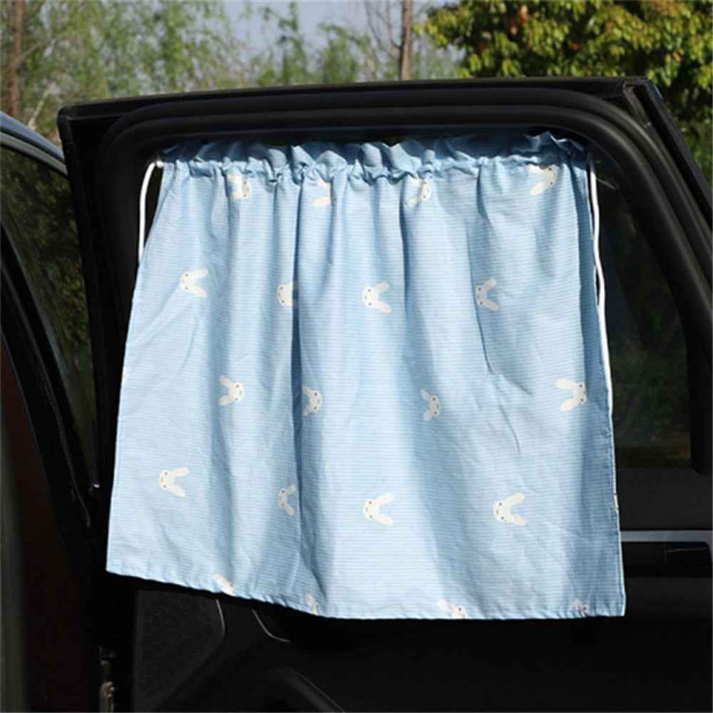 Cute Pattern Printed Car Window Anti-UV Curtain Cotton Cloth Vehicle Side Window Sun Shade Curtain - Rabbit / Blue Stripe
