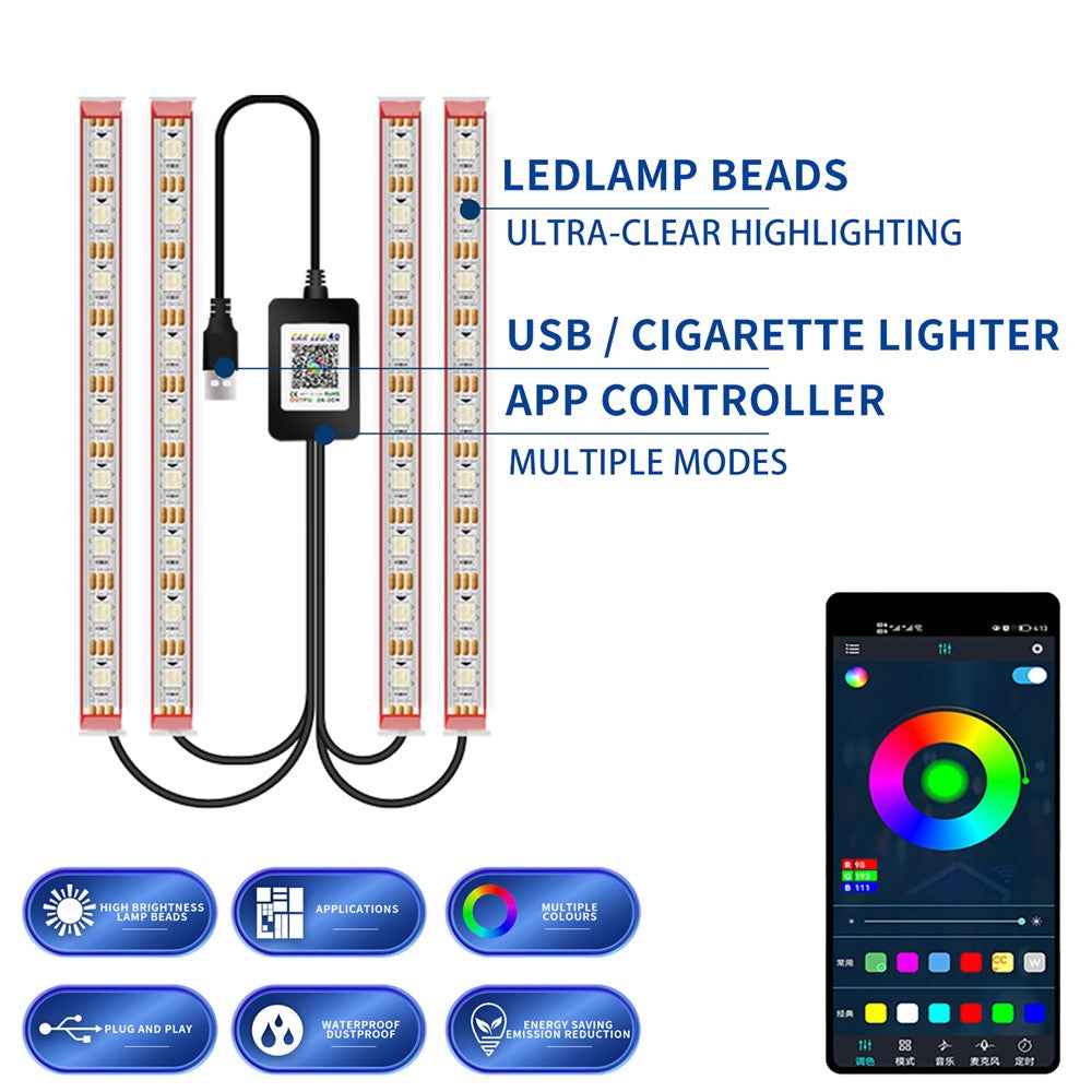 M1U36 36 LED Beads Bluetooth-compatible APP Controlled Colorful SUV Footwell Ambient Lights Car Interior Lights