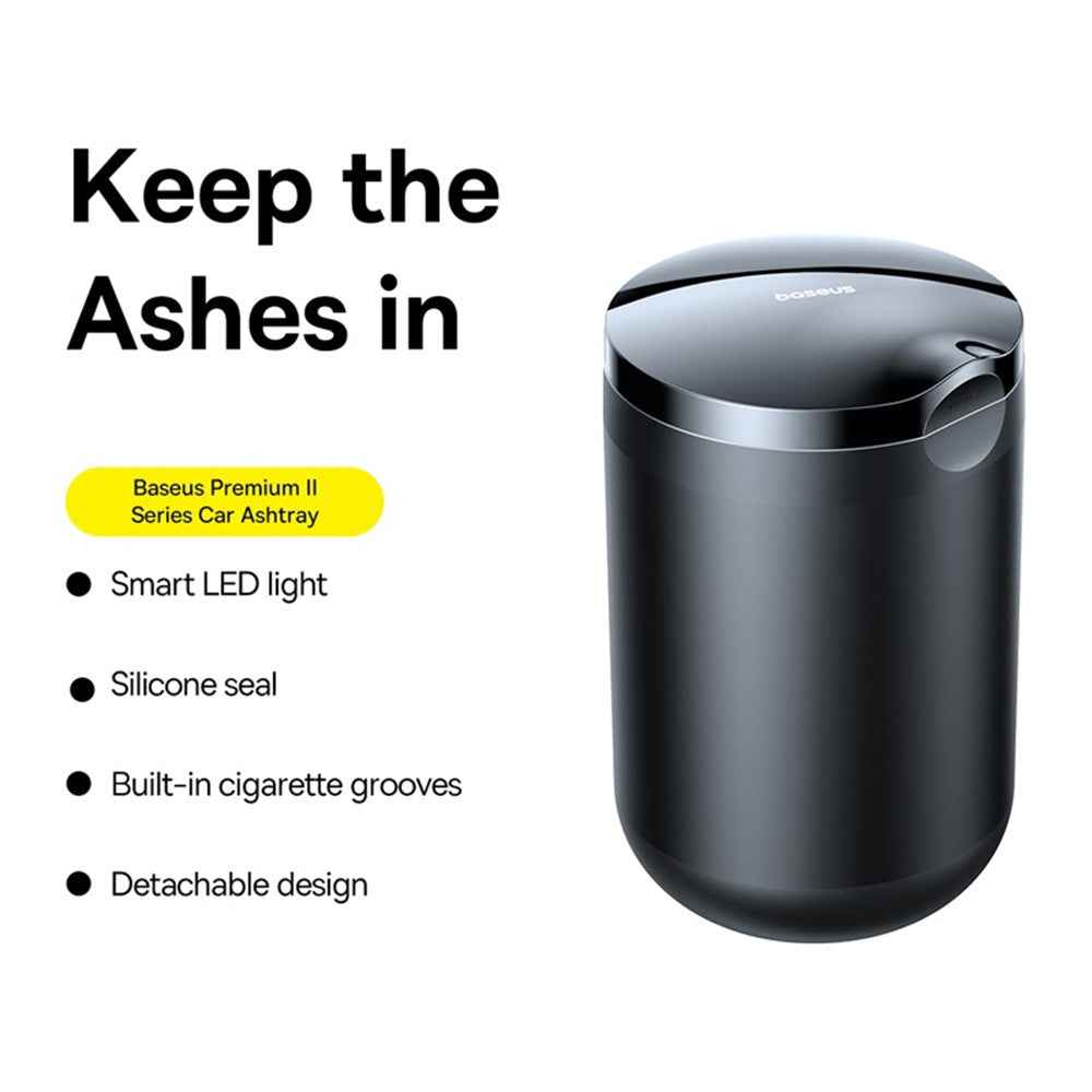 BASEUS Premium II Series Car Ashtray Aluminum Alloy Waterproof Car Ashtray Built-in LED Light - Black