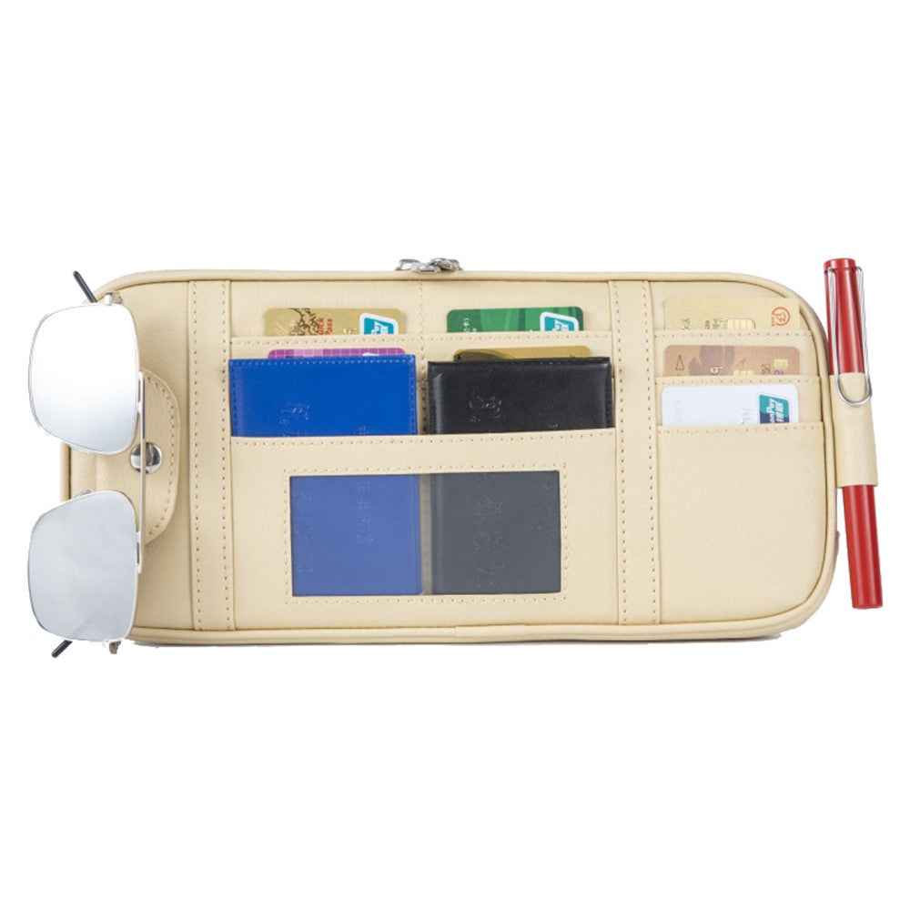 Car Sun Visor Storage Bag PU Leather Driving License Glasses Cards Holder Zipper Pocket Storage Bag - Beige