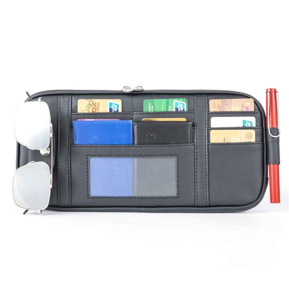 Car Sun Visor Storage Bag PU Leather Driving License Glasses Cards Holder Zipper Pocket Storage Bag - Black