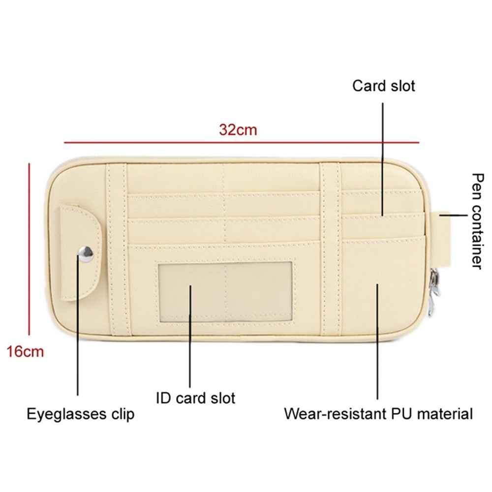 Car Sun Visor Storage Bag PU Leather Driving License Glasses Cards Holder Zipper Pocket Storage Bag - Black