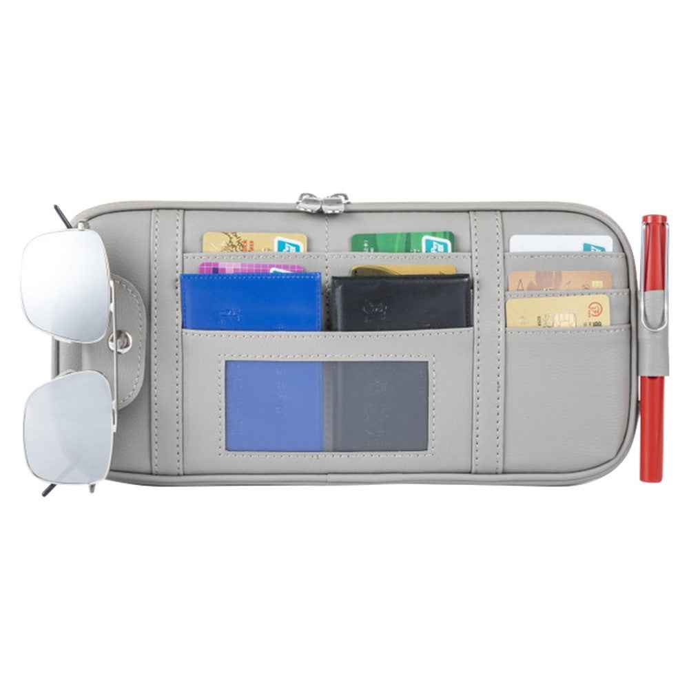 Car Sun Visor Storage Bag PU Leather Driving License Glasses Cards Holder Zipper Pocket Storage Bag - Grey