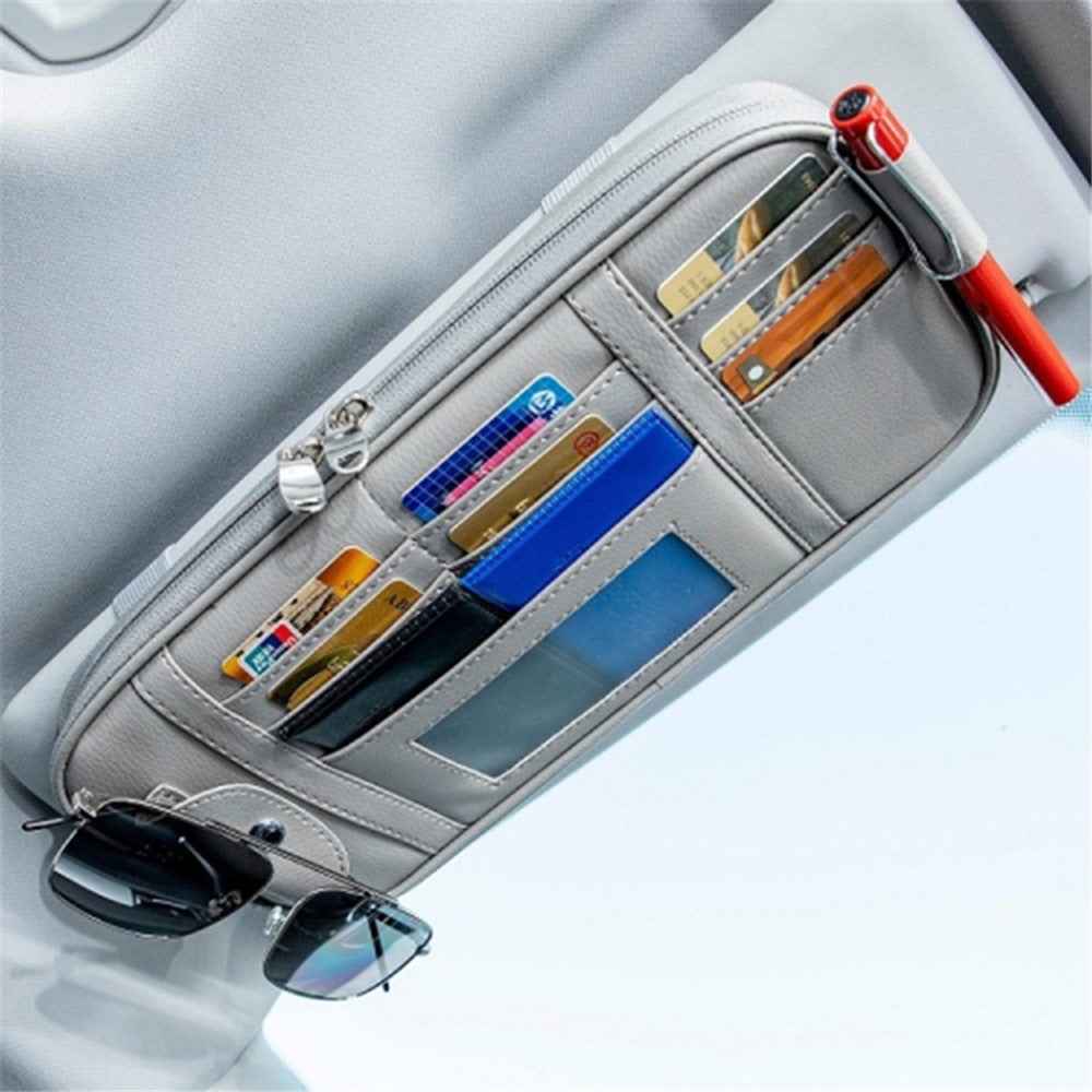 Car Sun Visor Storage Bag PU Leather Driving License Glasses Cards Holder Zipper Pocket Storage Bag - Grey