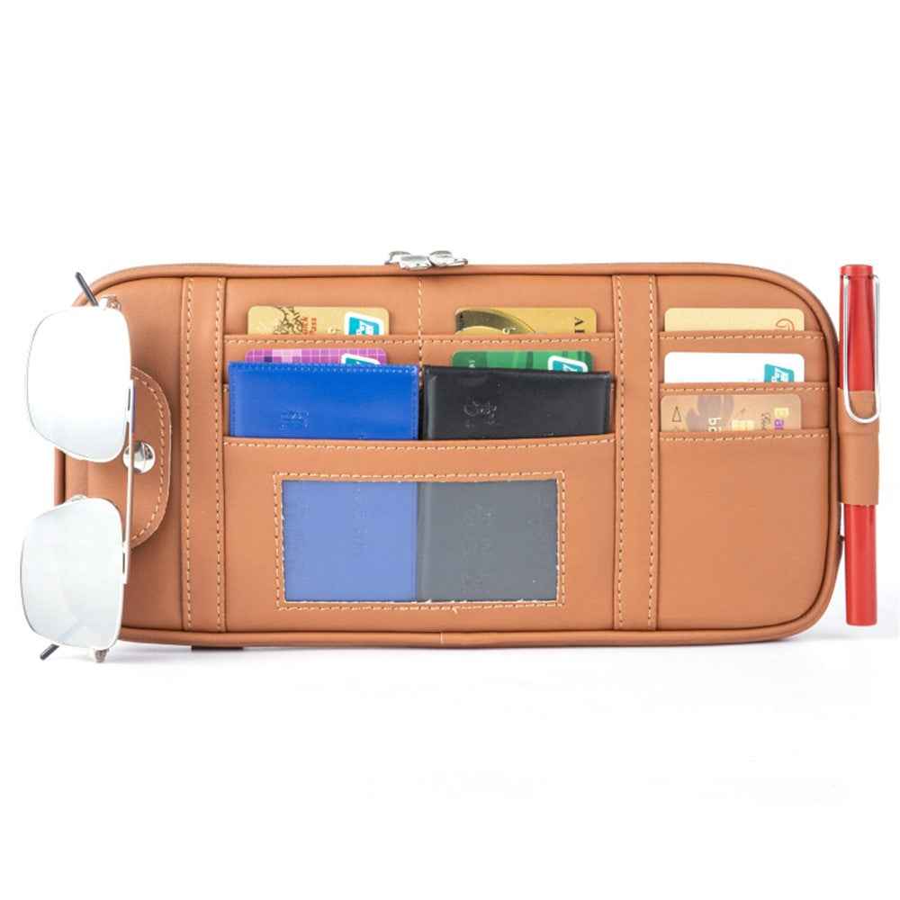Car Sun Visor Storage Bag PU Leather Driving License Glasses Cards Holder Zipper Pocket Storage Bag - Brown
