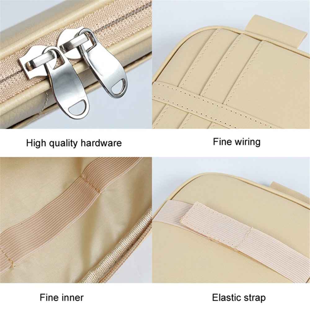 Car Sun Visor Storage Bag PU Leather Driving License Glasses Cards Holder Zipper Pocket Storage Bag - Brown