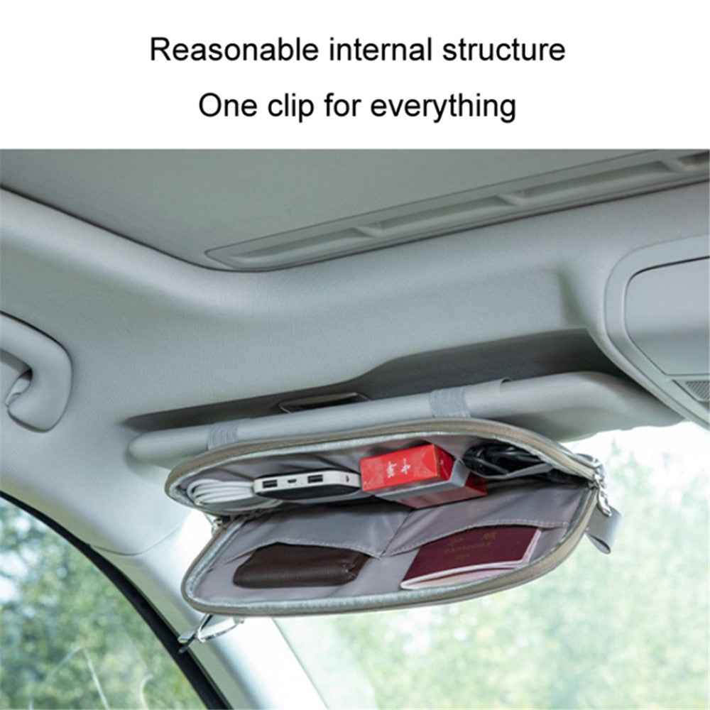 Car Sun Visor Storage Bag PU Leather Driving License Glasses Cards Holder Zipper Pocket Storage Bag - Brown
