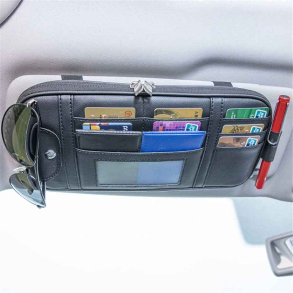 Car Sun Visor Storage Bag PU Leather Driving License Glasses Cards Holder Zipper Pocket Storage Bag - Brown