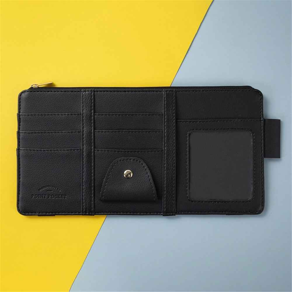 Car Sun Visor Zipper Pocket Storage Bag Microfiber Leather Cards Glasses Phone Holder Bag - Black