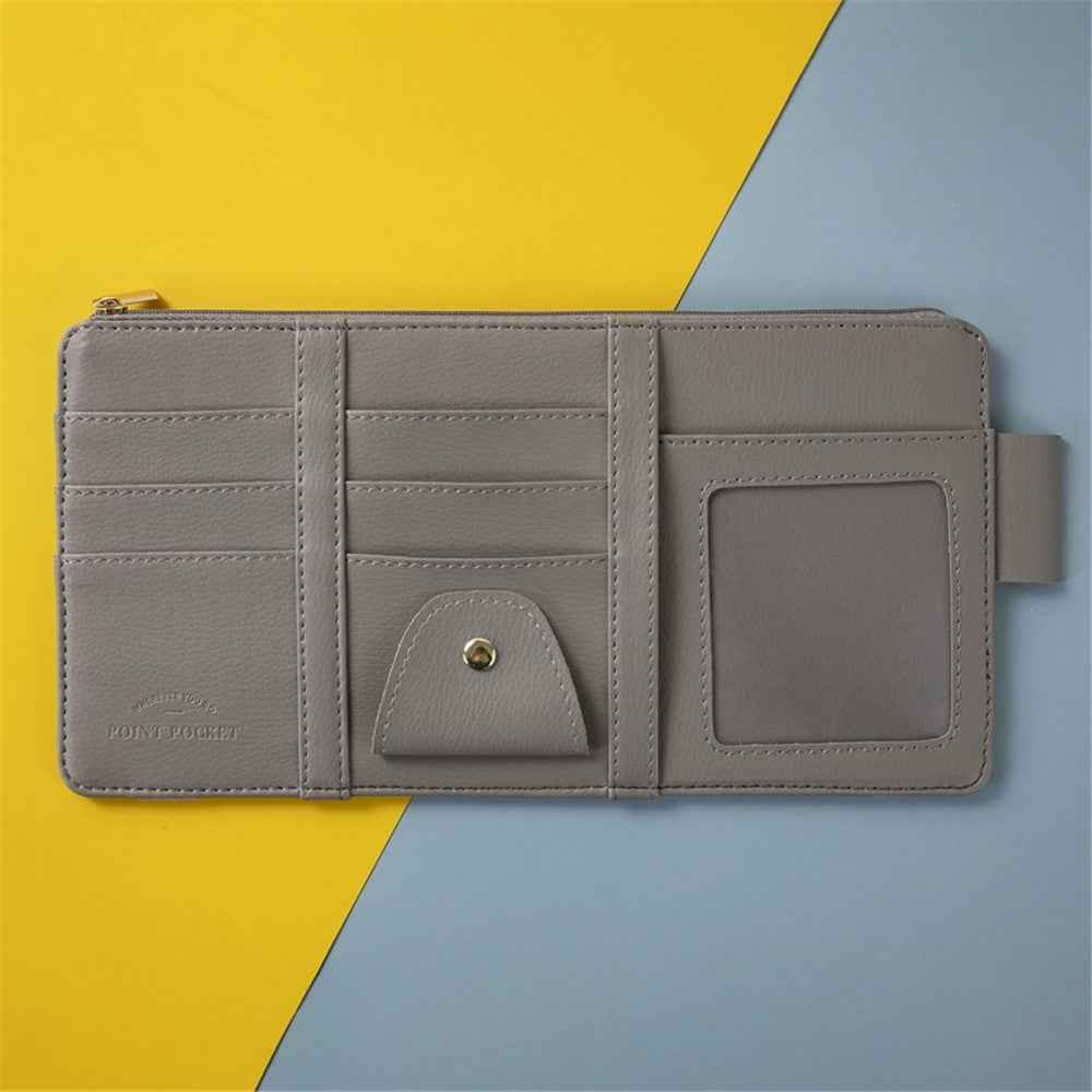 Car Sun Visor Zipper Pocket Storage Bag Microfiber Leather Cards Glasses Phone Holder Bag - Grey
