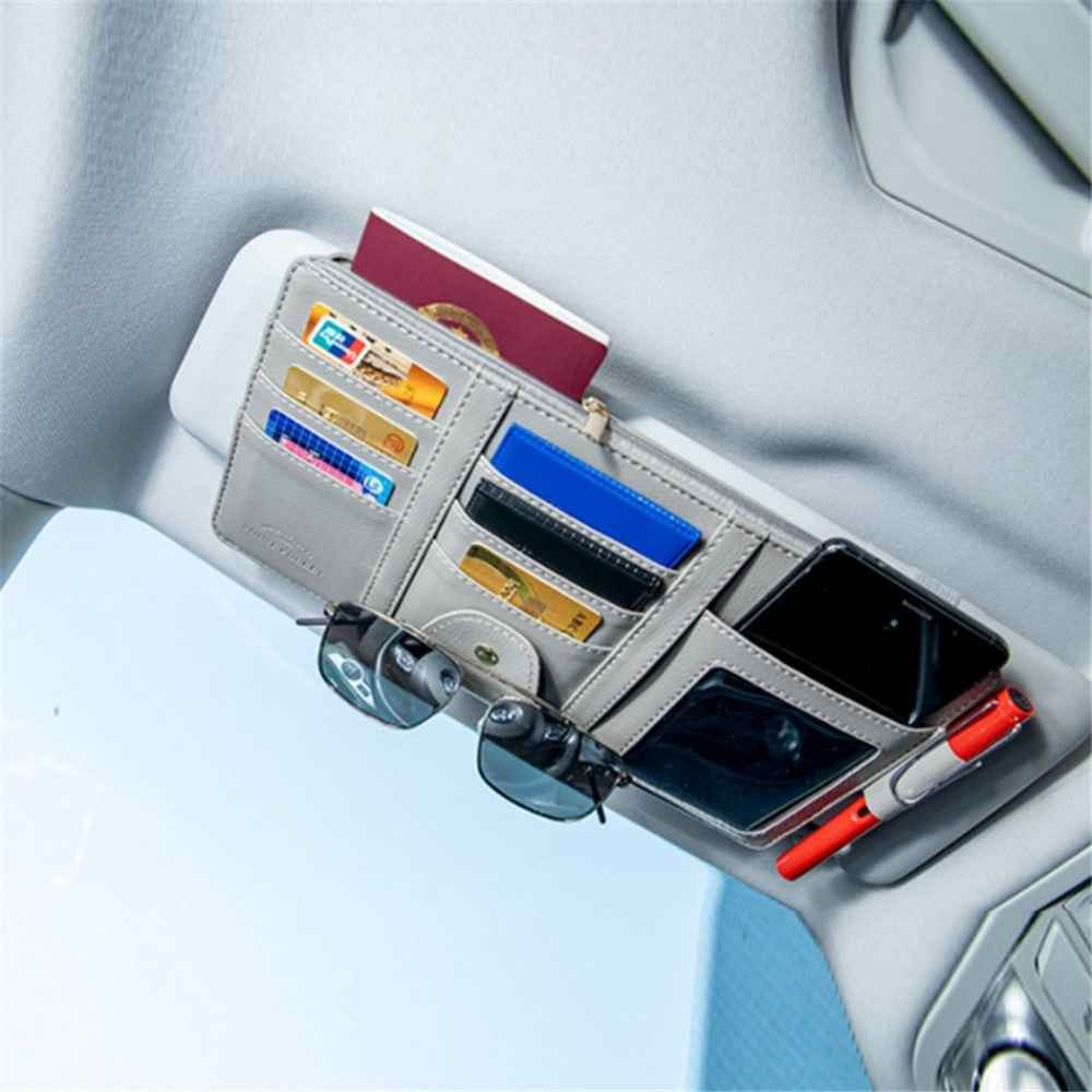 Car Sun Visor Zipper Pocket Storage Bag Microfiber Leather Cards Glasses Phone Holder Bag - Grey