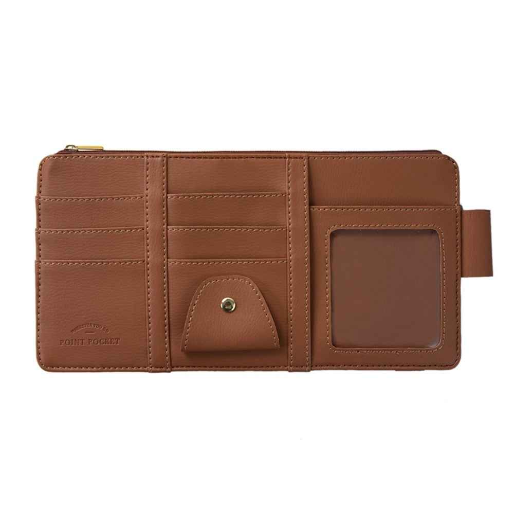 Car Sun Visor Zipper Pocket Storage Bag Microfiber Leather Cards Glasses Phone Holder Bag - Brown