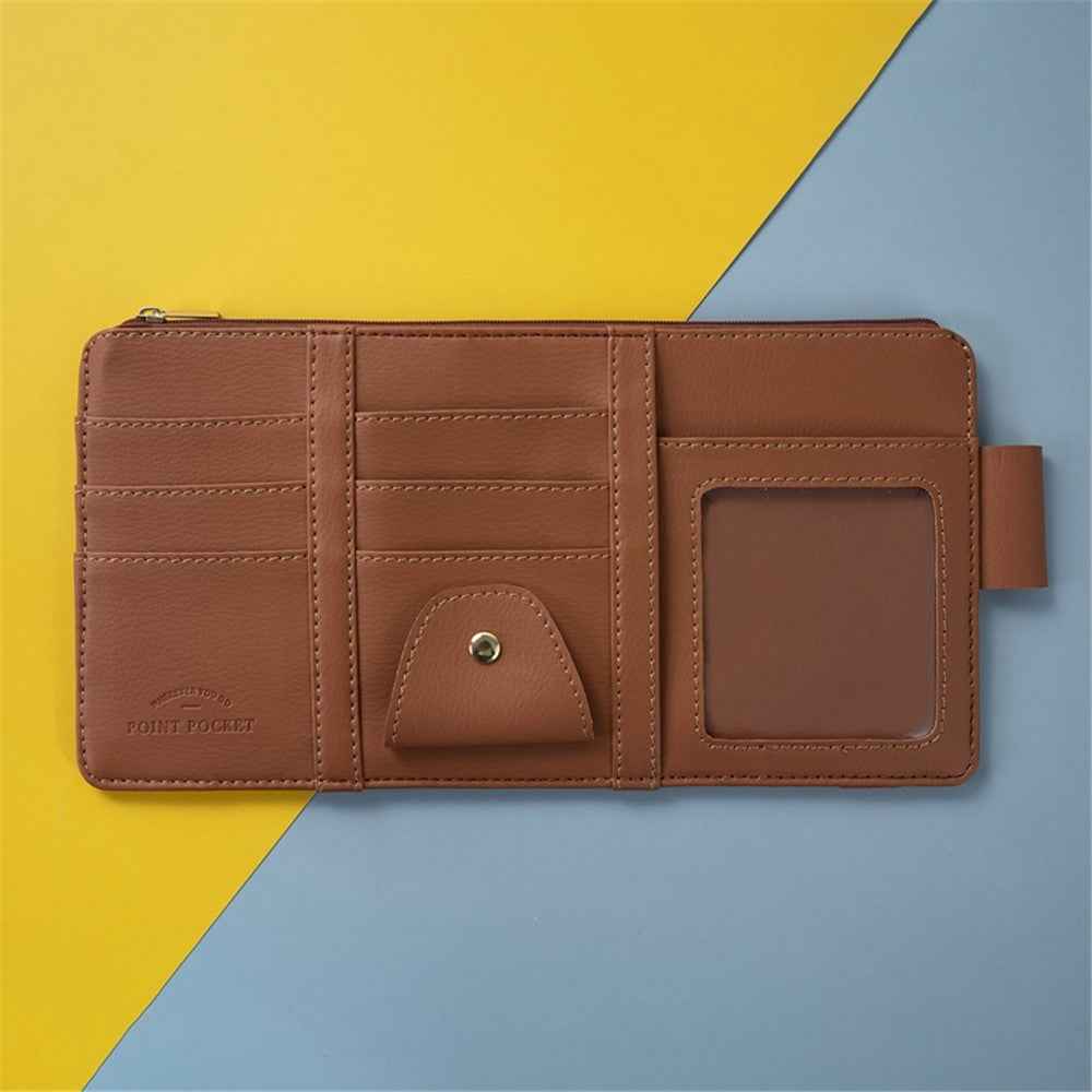 Car Sun Visor Zipper Pocket Storage Bag Microfiber Leather Cards Glasses Phone Holder Bag - Brown