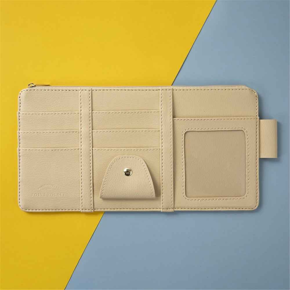 Car Sun Visor Zipper Pocket Storage Bag Microfiber Leather Cards Glasses Phone Holder Bag - Beige