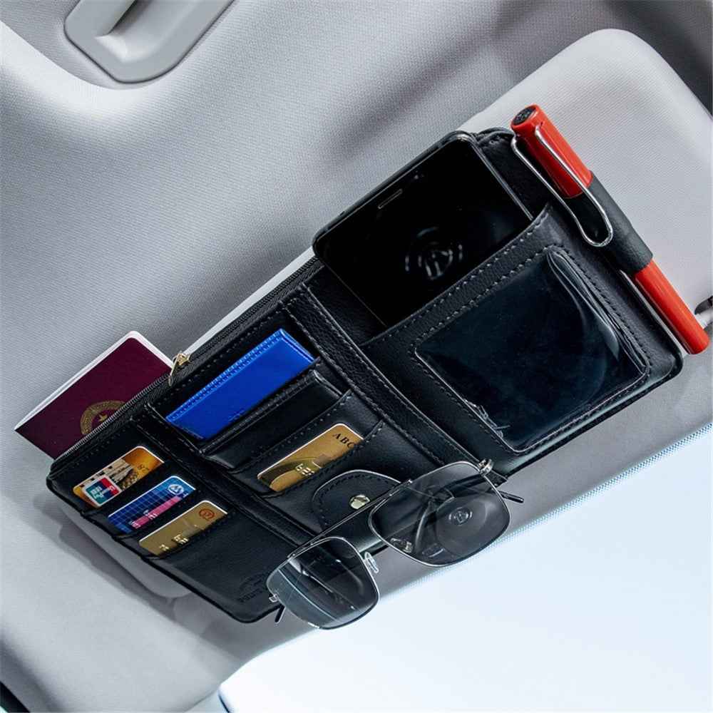 Car Sun Visor Zipper Pocket Storage Bag Microfiber Leather Cards Glasses Phone Holder Bag - Beige