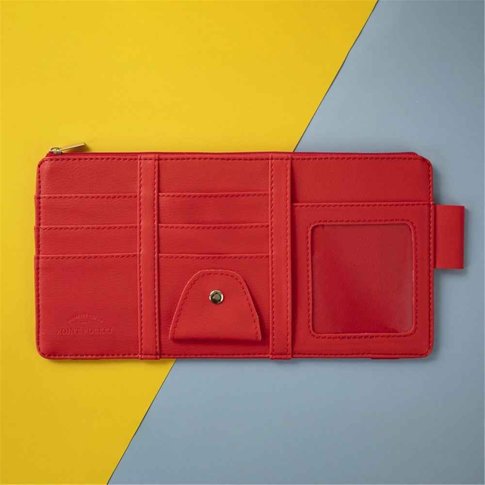 Car Sun Visor Zipper Pocket Storage Bag Microfiber Leather Cards Glasses Phone Holder Bag - Red