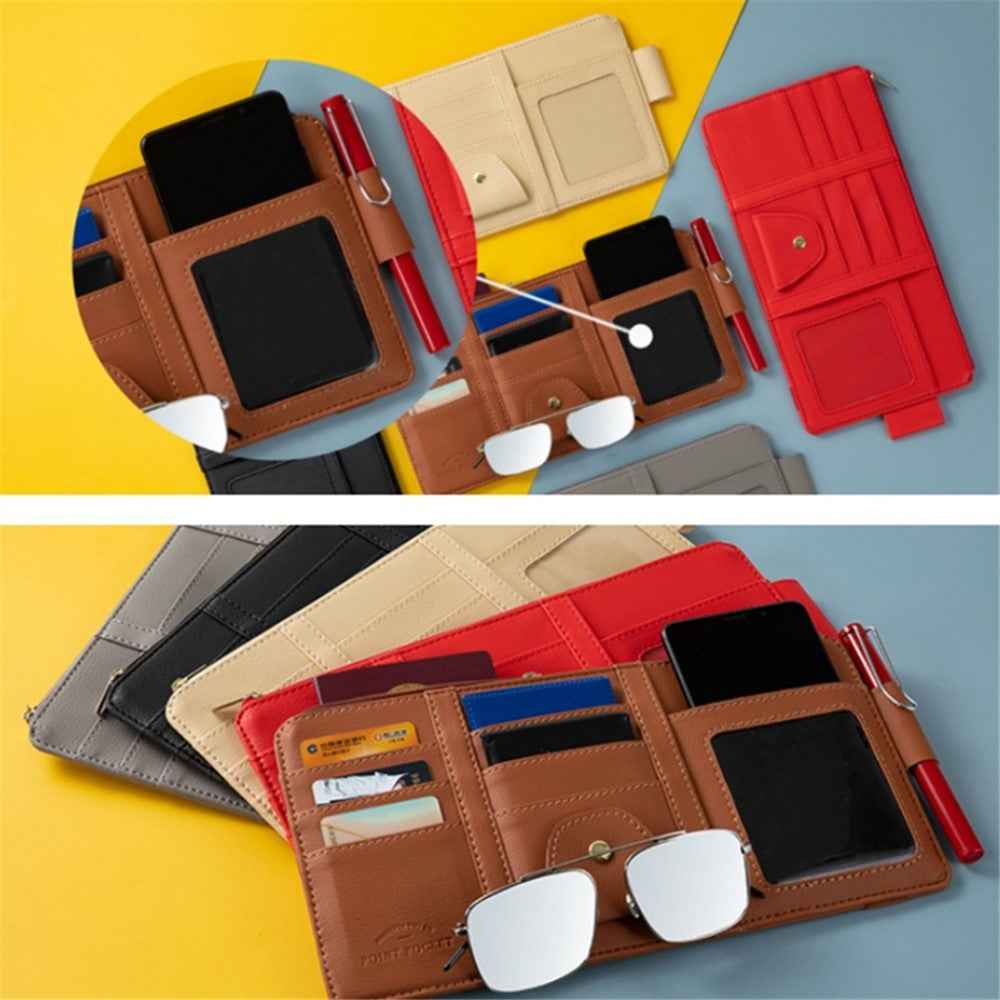 Car Sun Visor Zipper Pocket Storage Bag Microfiber Leather Cards Glasses Phone Holder Bag - Red