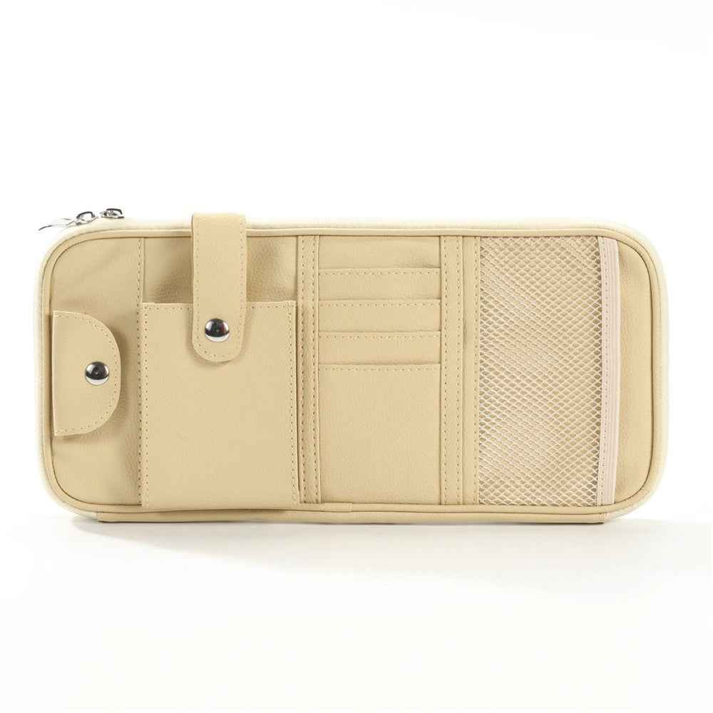 Car Sunshade Storage Bag Multi-Pockets Sunglasses Cards Pen Organizer Microfiber Leather Pouch - Beige