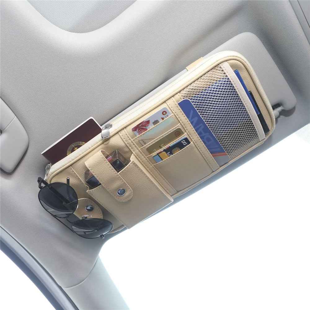 Car Sunshade Storage Bag Multi-Pockets Sunglasses Cards Pen Organizer Microfiber Leather Pouch - Beige