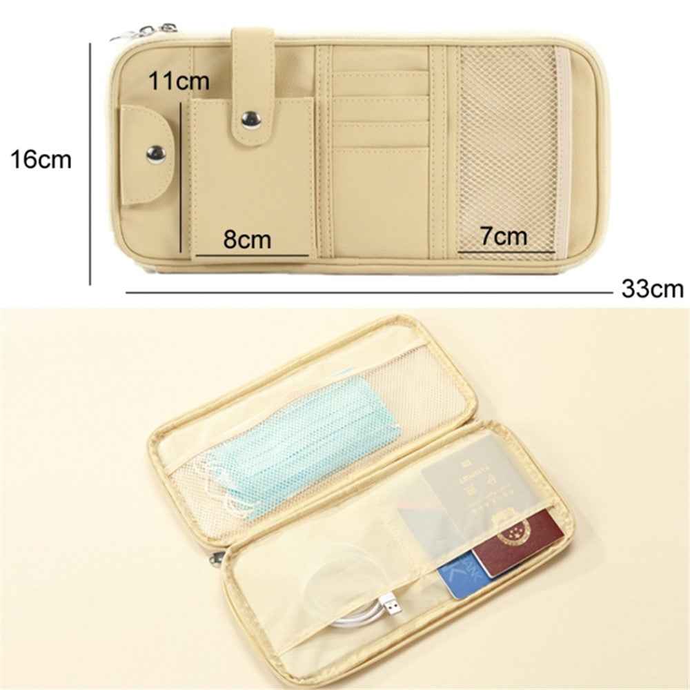 Car Sunshade Storage Bag Multi-Pockets Sunglasses Cards Pen Organizer Microfiber Leather Pouch - Beige