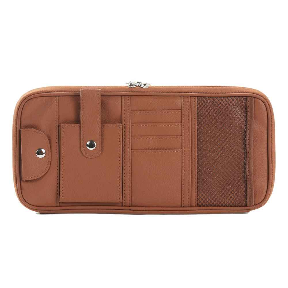 Car Sunshade Storage Bag Multi-Pockets Sunglasses Cards Pen Organizer Microfiber Leather Pouch - Brown