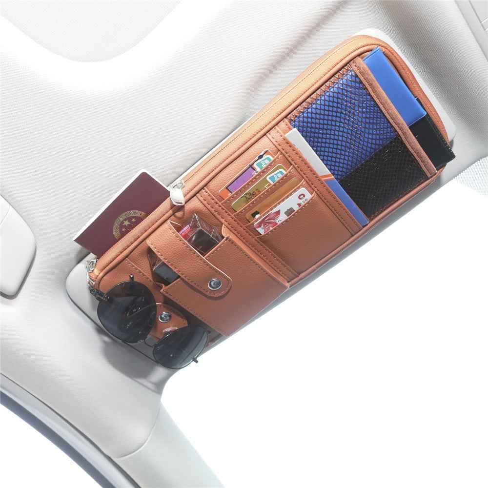 Car Sunshade Storage Bag Multi-Pockets Sunglasses Cards Pen Organizer Microfiber Leather Pouch - Brown
