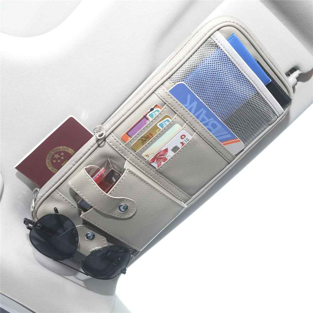 Car Sunshade Storage Bag Multi-Pockets Sunglasses Cards Pen Organizer Microfiber Leather Pouch - Grey