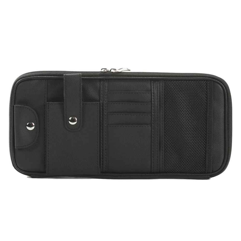 Car Sunshade Storage Bag Multi-Pockets Sunglasses Cards Pen Organizer Microfiber Leather Pouch - Black
