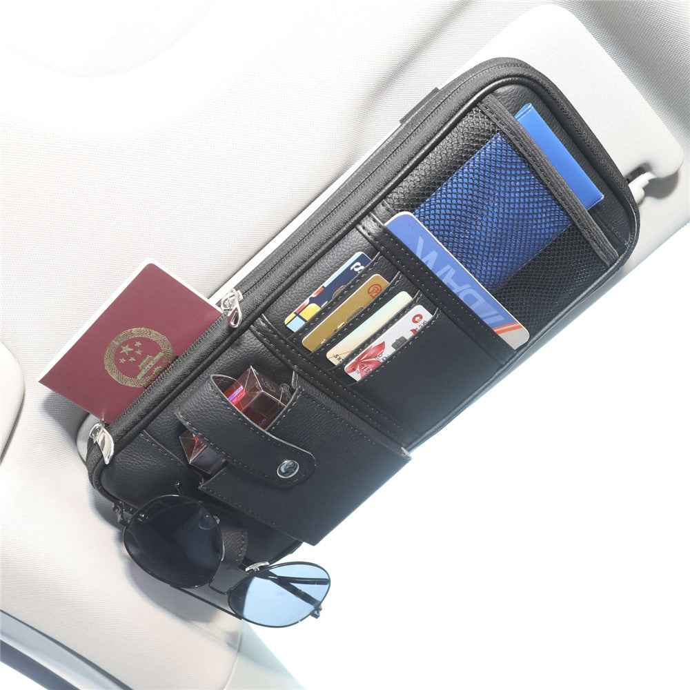 Car Sunshade Storage Bag Multi-Pockets Sunglasses Cards Pen Organizer Microfiber Leather Pouch - Black