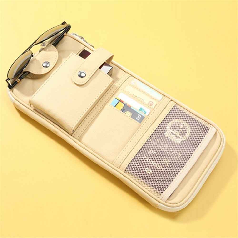 Car Sunshade Storage Bag Multi-Pockets Sunglasses Cards Pen Organizer Microfiber Leather Pouch - Black