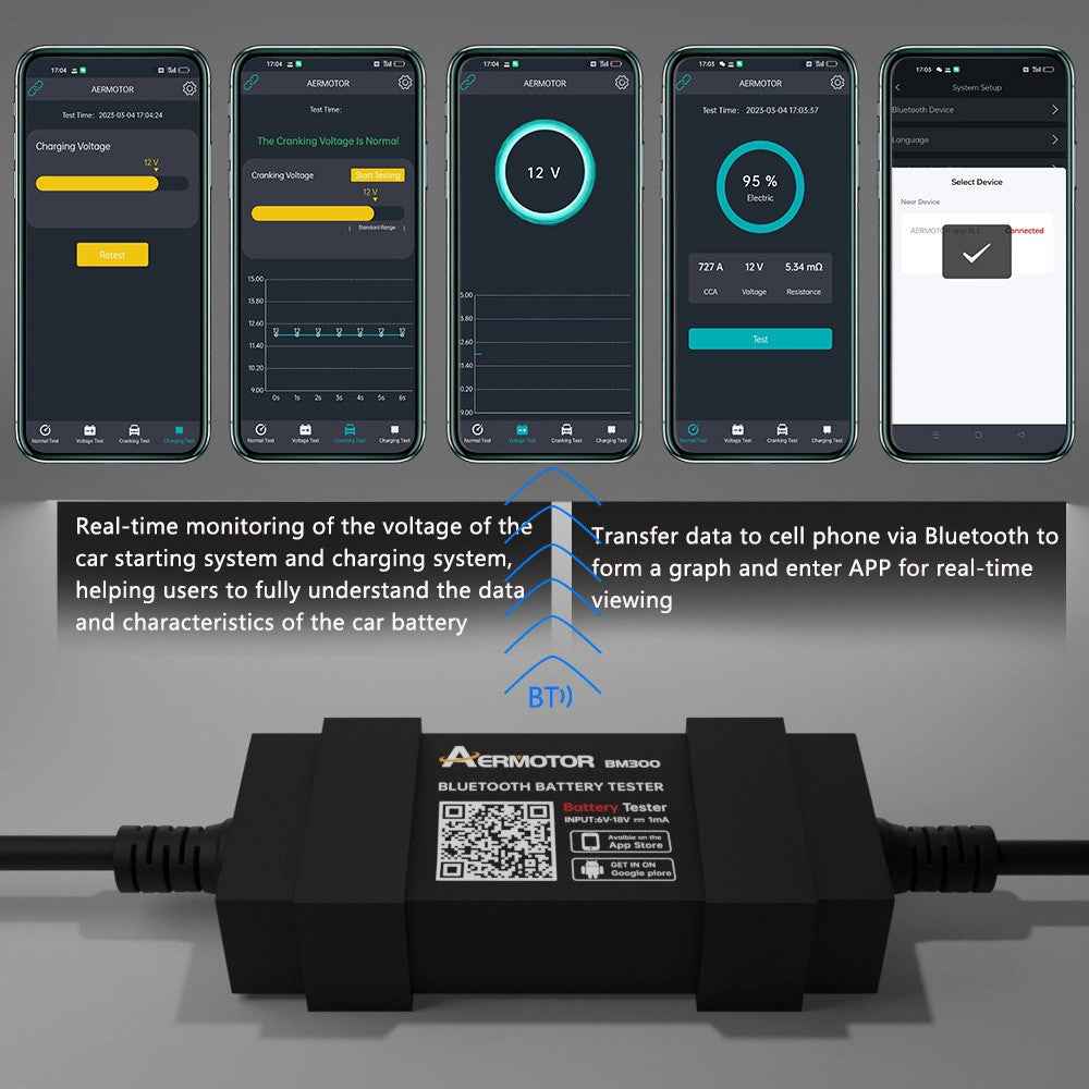 AERMOTOR BM300 Car Battery Tester Wireless Bluetooth-compatible 12V Car Battery Testing Charging Cranking Analyzer for Android iOS