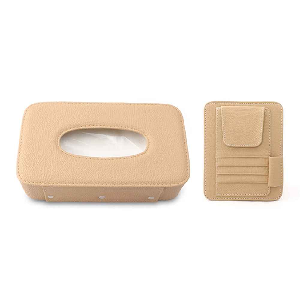 Automotive Interior Litchi Texture PU Leather Car Sun Visor Tissue Box Card Clip Set - Beige