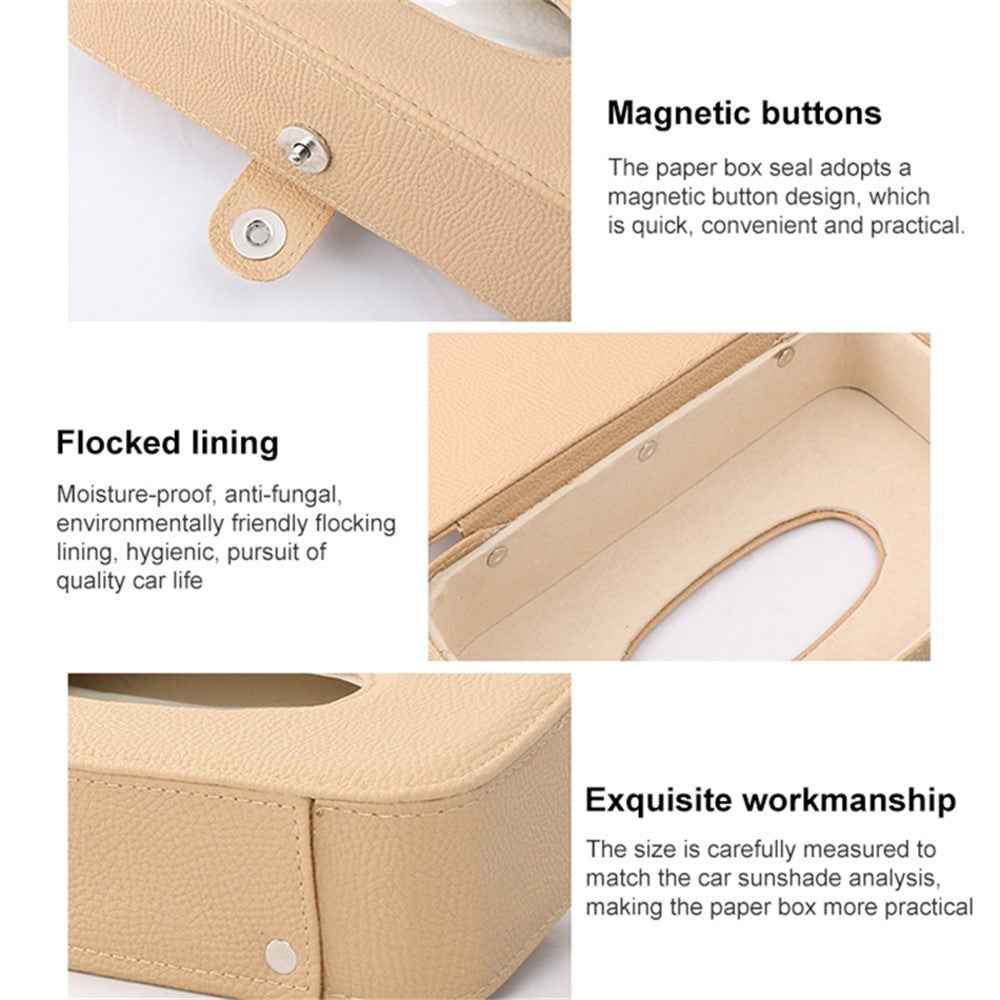 Automotive Interior Litchi Texture PU Leather Car Sun Visor Tissue Box Card Clip Set - Beige