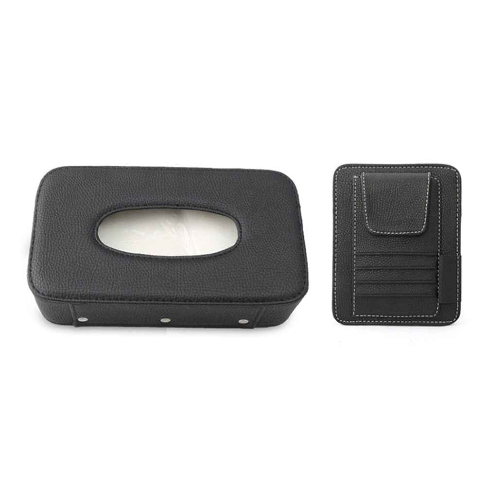 Automotive Interior Litchi Texture PU Leather Car Sun Visor Tissue Box Card Clip Set - Black