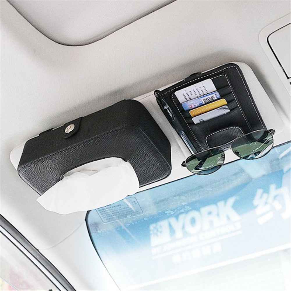 Automotive Interior Litchi Texture PU Leather Car Sun Visor Tissue Box Card Clip Set - Black