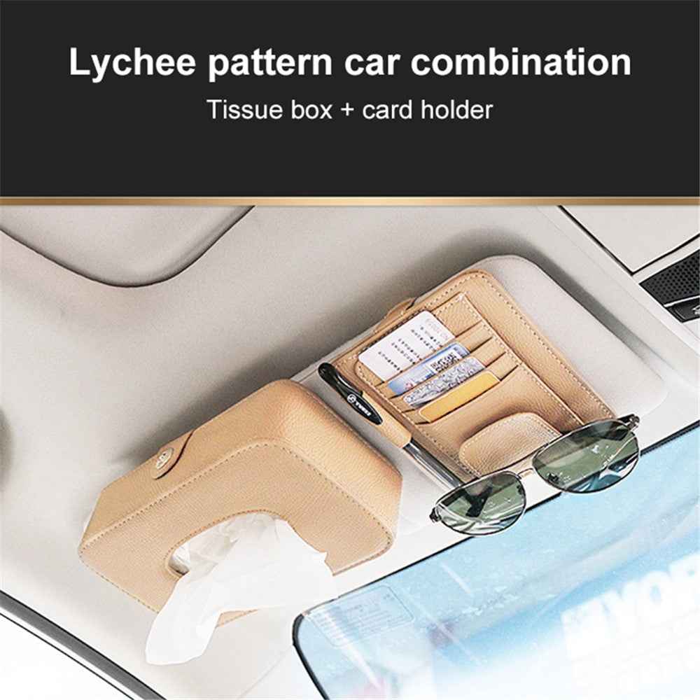 Automotive Interior Litchi Texture PU Leather Car Sun Visor Tissue Box Card Clip Set - Black