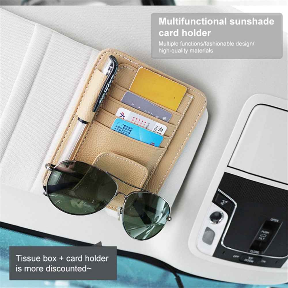 Automotive Interior Litchi Texture PU Leather Car Sun Visor Tissue Box Card Clip Set - Black
