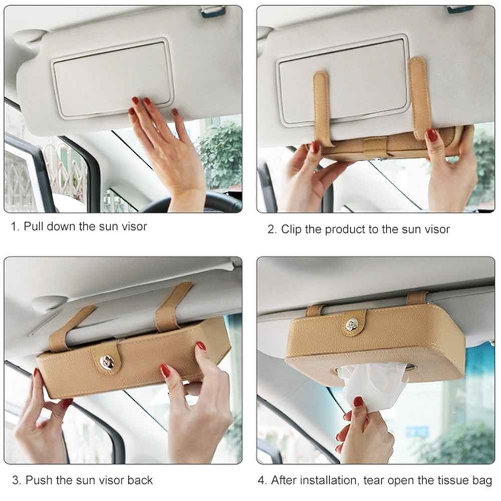 Automotive Interior Litchi Texture PU Leather Car Sun Visor Tissue Box Card Clip Set - Black