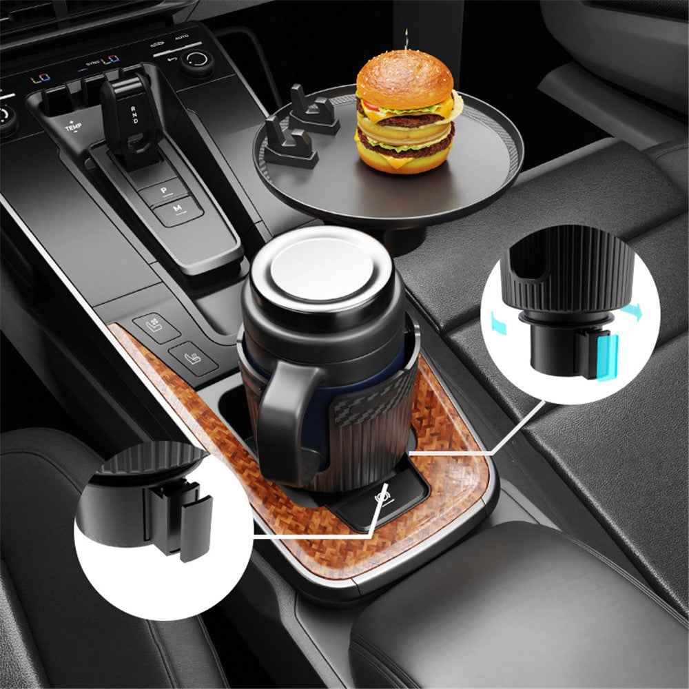 CARFU AC-2393 Rotation ABS Car Cup Holder Food Tray Organizer Expander for Instant Noodles, Snacks - Black