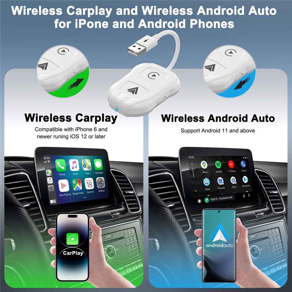 THT-020-9 Car Wireless Carplay Android Auto Dongle Wired to Wireless Adapter - White